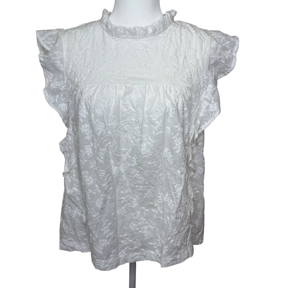 CUPIO White Floral Jacquard Sleeveless Ruffle Neck Babydoll Top Sz L Summer New